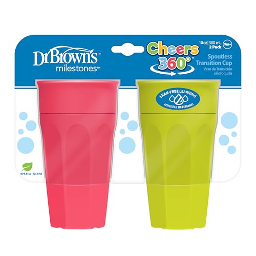 Image of Dr. Brown's Milestones Cheers 360 Training Cup for Toddlers & Babies, Leak-Free Sippy Cup, Pink/Turquoise, 10oz/300mL, 9m+, 2 Pack (Colors May Vary)