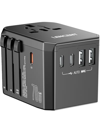 LENCENT Adaptador Enchufe Universal GAN 70W, Cargador Internacional con 2 QC USB A y 3 Tipo C PD 3.0 Carga Rápida, Adaptador de Viaje para Móviles, Tabletas, Portátiles, USA/UK/EU/AUS, Tipo A/C/G/I