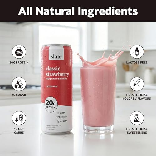 Image of Slate Milk - High Protein Milk Shake - Classic Strawberry - Lactose Free, 20g Protein, 1g Sugar, 100 Calories, 1g Net Carbs, No Added Sugar - Natural, Breakfast Boost, Post Workout - 11 fl oz, 48 Cans