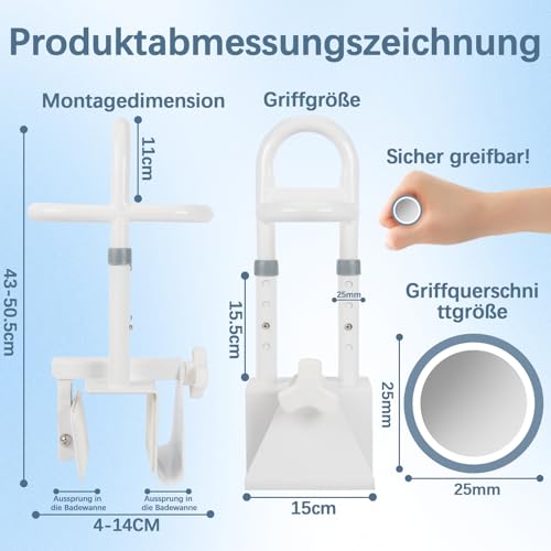 OUUTMEE Badewannengriff für Senioren Höhenverstellbar Einstiegshilfe Badewanne mit einem runden Ringgriff Geeignet für Badewannen mit einer Wandstärke von 4-14 cm, Badewannengriff Ohne Bohren, Weiß