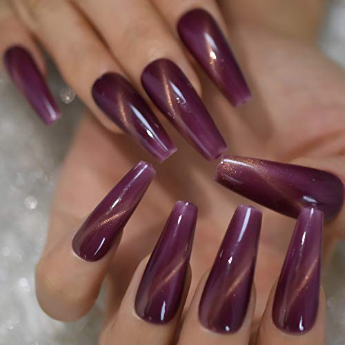 20 pieces Full Set Hand Painted Fake Nails Extra Long Coffin Cat Eye Effect Polish Gel Nail Galaxy Shimmer Stiletto Faux Ongles with Adhesive