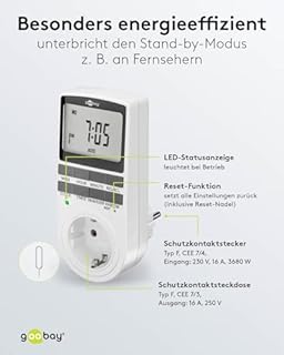 goobay 64900 Timer digitale 10 programmi giornalieri/modalità casuale antieffrazione/programmabile/3680 W a 230 V (AC) e 16 A