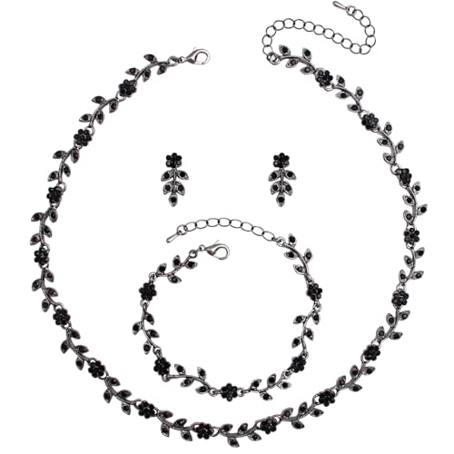 Enrwin Austrian Crystal Rhinestone Choker Necklace Dangle Earring Link Bracelet Jewelry Set for Brides Bridesmaid Prom Costume Accessories for Women (Black-Gunmetal)