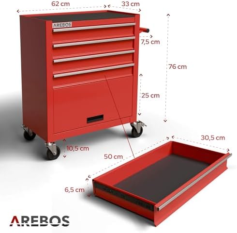 Bild 2 - Arebos Werkstattwagen 4 Fächer + großes Fach für Werkzeug Kratzfeste Oberfläche | inkl. Antirutschmatten | kugelgelagerte Schubladen Interlock-System | 2 Rollen mit Feststellbremse | Rot