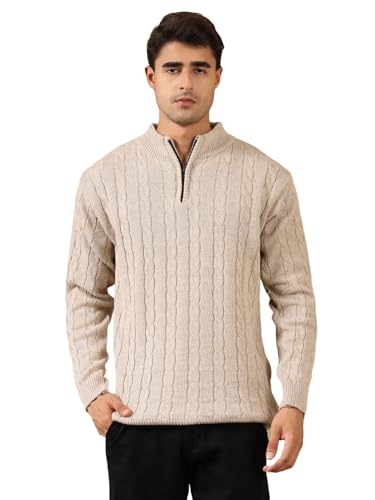 Image of Kvetoo Men's Wool High Neck Zipper Sweater, Full Sleeve Cable Knit Quarter Zip Winter Pullover
