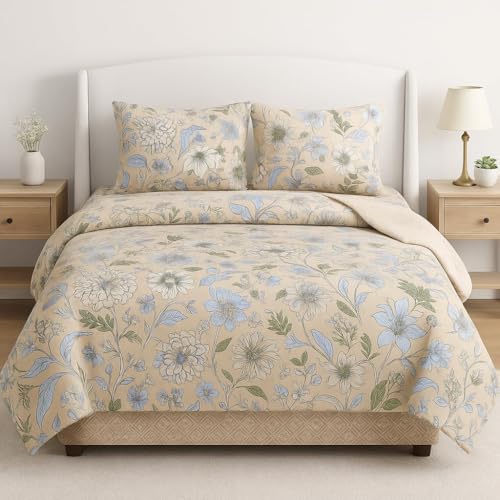 Image of Signature Reversible Super Soft Double Bed Comforter /Quilt Set 350 GSM - 88x90 inches | King Size Fitted Elastic Bed Sheet with 2 Pillow Covers | All-Season Ultra Cozy Bedding Set (Meadow Whisper)