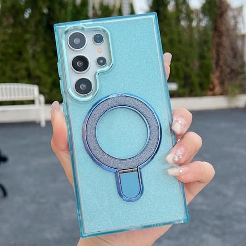 Coque magnétique pour Galaxy S25 Ultra avec anneau support métal et paillettes bleues