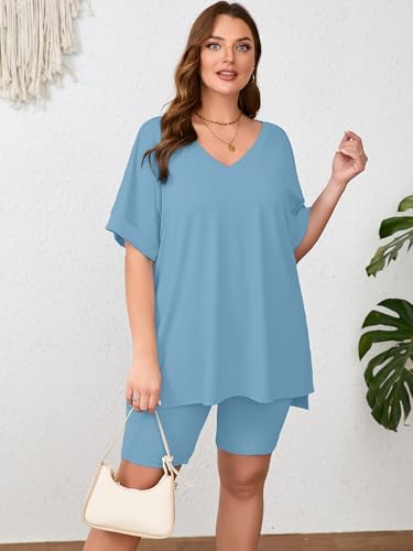 Image of AusLook Women's Plus Size 2 Piece Short Outfits Set Short Sleeve Tops and Shorts Pants Lounge Jogging outfits Matching Set