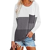 Hudhowks Damen Lässige Langarm-Farbblock-gestreifte Rundhals-T-Shirts, lose runde Rundhalsblusen-Oberteile für das tägliche Outfit und den Trainingsanzug