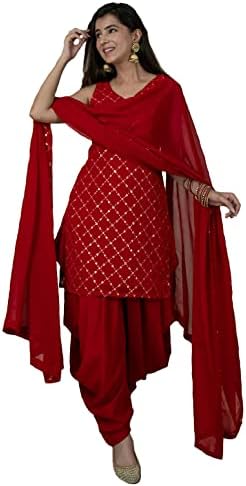 Xomantic Fashion Red Color Readymade punjabi Style Festival Wear Kurta patiala Set with Dupatta