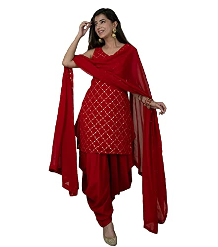 Xomantic Fashion Women's Georgette Red Color Readymade Punjabi Style Festival Wear Kurta and Pant with Dupatta Set (X-Small, Red)