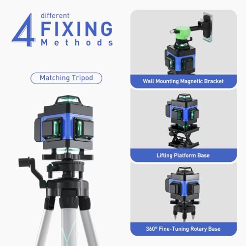 Foto von Kreuzlinienlaser mit Stativ, Mulcort Multifunktionaler 4D-Laser mit 16 Linien, IP54 Wasserwaage, 2400mAh Akku*2+1.5M Stativ Verlängerungsstangen-Stativ, Für Baustellen/Inneneinrichtung(Blau)