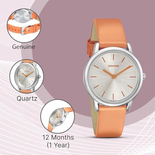 Image of Sonata Excl Fkt Plain 3 Hands Silver Round Dial Orange A1Leather Strap Women's Watch - 8172SL04