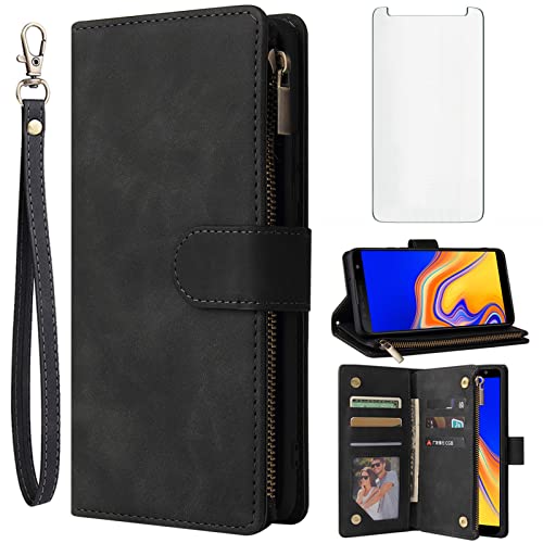 Asuwish Compatible avec Samsung Galaxy J4 Plus Étui portefeuille et protection d'écran en verre trempé - Étui à rabat en cuir avec porte-cartes pour téléphone portable Glaxay J4 Prime Gaxaly J4 Core