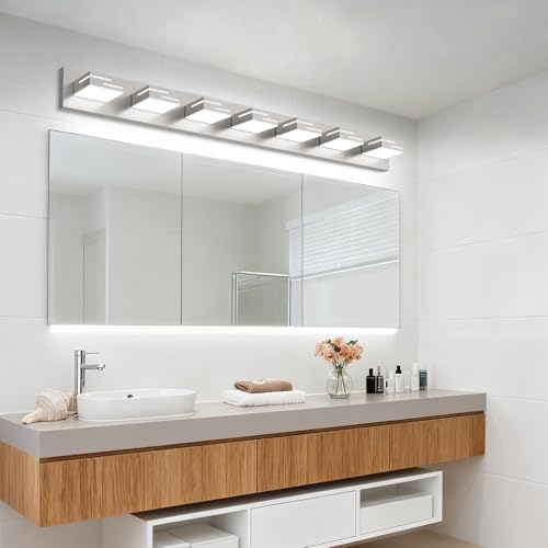 LKHF LED Modern Bathroom Vanity Light Fixtures, 7-Light 48-inch Dimmable Brushed Nickel Vanity Lights for Bathroom Lighting Fixtures Over Mirror, with 350&deg; Rotatable Acrylic Heads (Cool White 6000K)