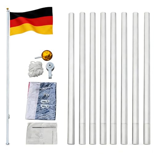 HOBBYZOO Fahnenmast 7,5m stabil, Aluminium Fahnenstange mit DE Flagge, Faltbarer Flaggenmast für Outdoor, inklusive Aufziehsystem und Bodenhülse, Silber