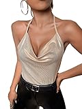 SweatyRocks Women's Sleeveless Halter Cami Top Cowl Neck Backless Party Tops Champagne L