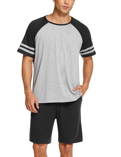 Ekouaer Schlafanzug Herren Kurz Pyjama Herren Kurz Set Kurzarm Oberteil und Shorts Zweiteilig Nachtwäsche Schwarz Grau M