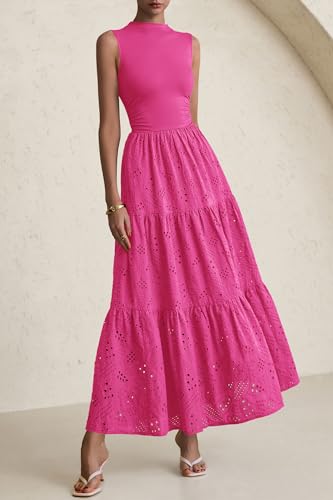 Image of PRETTYGARDEN Summer Dresses for Women 2026 Casual Eyelet Sleeveless Wedding Guest Maxi Dress Tank Top Sundress with Pockets