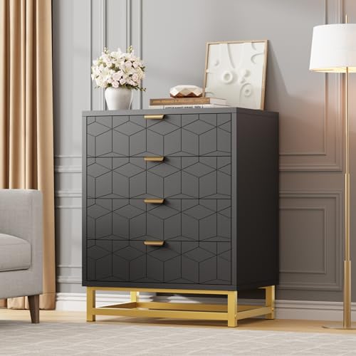GAOMON Black Dresser, 4 Drawer Dresser for Bedroom, Wood Chest of Drawers, Modern Dressers with Gold Metal Handles for Living Room, Hallway, Entryway,