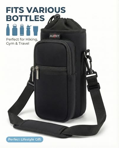 AUPET Water Bottle Sling Bag Sleeve Holder Carrier 25/32/40/64 oz,Insulated Crossbody Water Bottle Case Cover with Strap and Pockets for Men/Women Walking Hiking Camping (40oz, solid black)