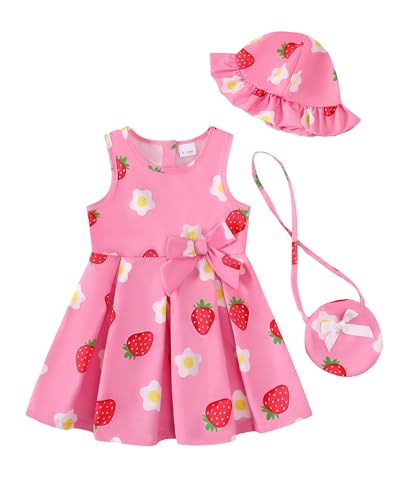 Infant Summer Girl Dress Cute 6-9 Month Baby Girl Clothes Pink Strawberry Flower Sundress Beach Casual Sleeveless 9-12 Month Dresses with Sunhat Floral Party Outfits for Girls