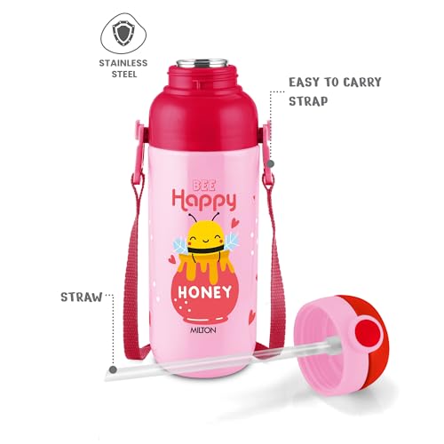 Image of Milton Steel Indus 600 Thermoware PU Insulated, 500 ml Water Bottle with Straw for Kids, Leak Proof Flip Top Sipper Lid Bottle, School, Picnic, Easy to Carry Belt, Pink