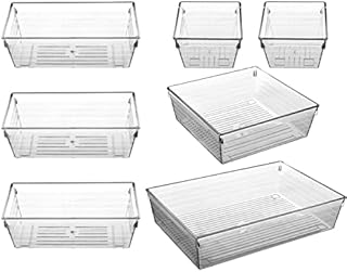 MVQPER 7 PCS Makeup Drawer Organiser,Desk Drawer Organisers Trays,4-Size Clear Acrylic Drawer Organiser for Bedroom Dresser, Bathroom,Office and Kitchen,Fridge Trays Organizer,Transparent