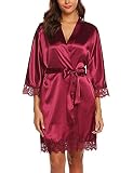 BESDEL Frauen Satin Einfarbig Kurze Kimono Robe Bademantel Brautkleider Weinrot S