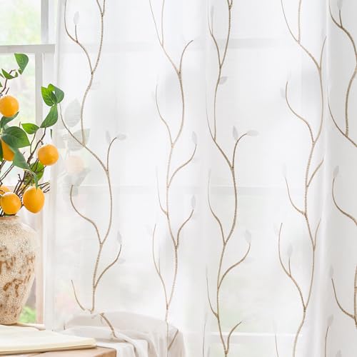 jinchan White Sheer Curtains for Bedroom 84 Inch Length Leaf Embroidered Semi Sheers for Living Room Botanical Embroidery Voile Transparent Grommet Window Treatments 2 Panels by jinchan - Used condition - US$13.50