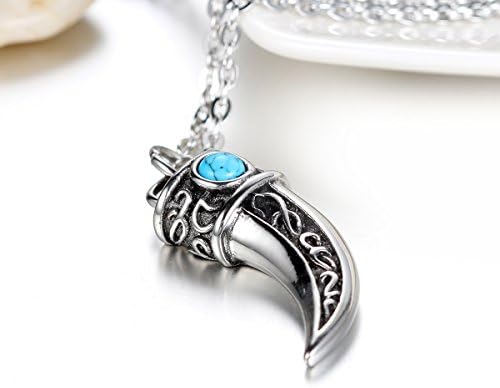JewelryWe Classic Vintage Style Men's Wolf Tooth Tribal Stainless Steel Pendant Necklace, Silver Blue, 21.3 inch Chain(with Gift Bag)