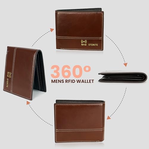 Image of Storite Men's PU Leather RFID Blocking Wallet - Slim Bifold Purse with Card Slots, ID Window & Cash Compartment - Everyday Use - Gift for Men - (Coffee Brown-11.5 x 9.5 x 2cm)