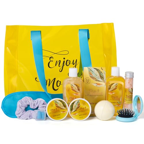 Self Care Gifts for Women - Inspirational Sport Gifts Set for Women with Large Canvas Bag, Relaxation Spa Gift Baskets, 10pcs Honey Almond Tote Bag Bath Sets, Birthday Christmas Gifts for Her