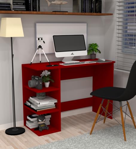 Image of Modern Compact Study Desk with 3 Side Shelves, Red, Space-Saving Home Office Table, 103x72x40 cm, DIY Assembly