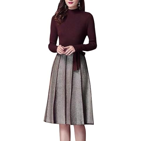 LAI MENG FIVE CATS Women's Elegant Knit Long Sleeve Sweater Stripes Pullover Fall Midi Dress Cover
