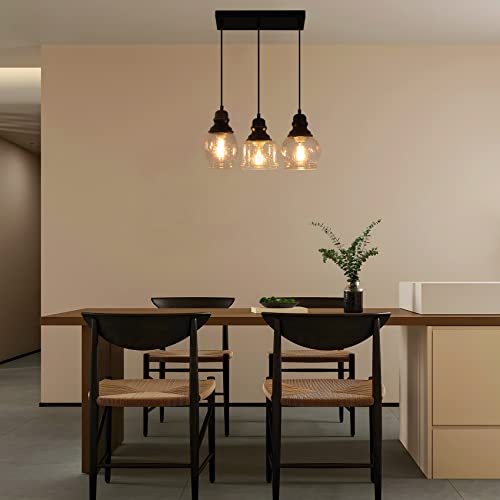 Industrial Pendant Lighting, Pendant Lights For Kitchen Island 3 Light Glass Pendant Light Fixture With Seeded Glass Shade, Adjustable Cord Farmhouse Ceiling Light Black Metal Finish Linear Chandelier #TOP3