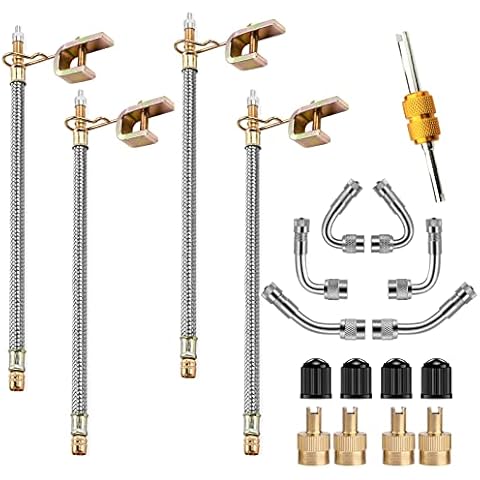 Valve Stem Extenders,4Pcs 12Inch/300mm Dual Flexible Stainless Steel Braided Valve Stem Extensions,6Pieces 45 90 135 Degree Brass Valve Adaptors for Car Truck Motorhome Trailer RV Trailer Vehicle Cover