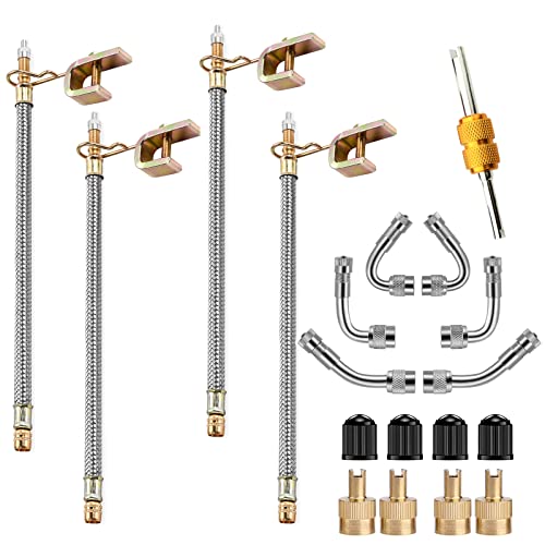 Valve Stem Extenders,4Pcs 12Inch/300mm Dual Flexible Stainless Steel Braided Valve Stem Extensions,6Pieces 45 90 135 Degree Brass Valve Adaptors for Car Truck Motorhome Trailer RV Trailer Vehicle