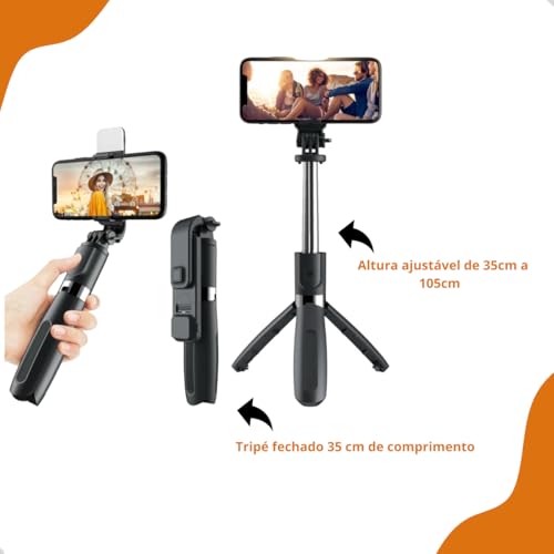 Bastão Pau de Selfie Portátil com Tripé Integrado e Controle Remoto Bluetooth Sem Fio Suporte Ajustá