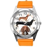 Zuverlässiges Quarz-Uhrwerk TAPORT® Orange Leder Runde Uhr für Dackel-Fans