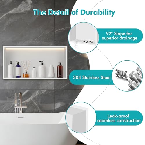 FTL Wandnische Dusche mit LED Weiß,Duschnische mit 3000K Warmweiss Beleuchtung(Nicht Dimmbar) 60x30cm,304 Edelstahl LED Wandnische Badezimmer Keine Fliesen Erforderlich
