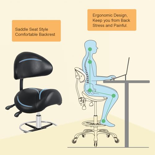Nazalus Sattelhocker mit Rückenstütze, Fußstütze, strapazierfähig (159 kg), hydraulischer Drehstuhl, verstellbarer Hocker für Salon, Spa, Schönheit, Massage, Zahnklinik, Heimbüro, Schwarz