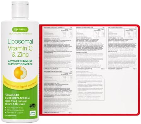 Liposomal Vitamin C 1000mg & Zinc - Liquid Immune Support, with Copper & Selenium, Adults & Kids, 30-90 Servings, by Igennus