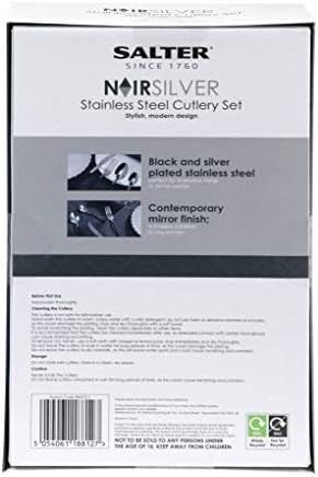 Salter BW07217 NoirSilver 16-Piece Black and Silver Cutlery Set, Service for Four, Tableware Set with Forks, Knives, Spoons and Teaspoons, Black Coated Handles, Mirror Finish, Stainless Steel