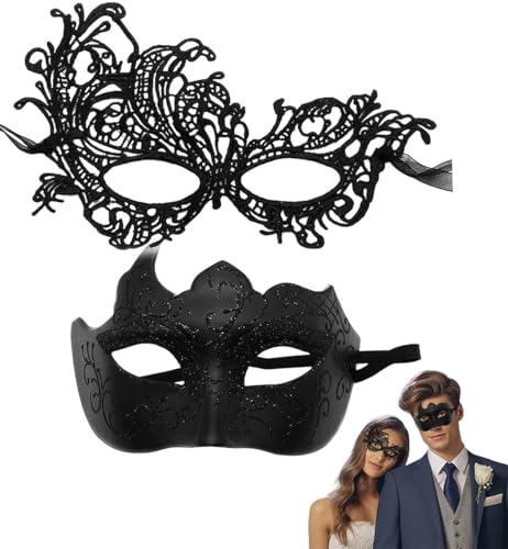 SHIFANQI Venezianische Maske 2 Stück Maskenball Masken mit Glitzer für Damen und Herren Elegante Face Maske für Karneval Maskerade Halloween Kostümparty und Mardi Gras Schwarz