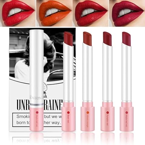 FYEBOO 4 Colors Matte Lipstick Mini Little Tube Lip Stain, Velvet Lipstick Set, Red Moisturizer Smooth Lip Stick, Long Lasting 24 Hours Non-Sticky Cover