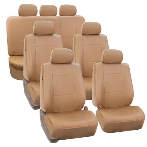 FH Group Car Seat Covers PU Leather 3 Row 7 Seater Car Seat Covers, Airbag Compatible and Split Bench - Fit Most Car, Truck, SUV, & Van Solid Tan