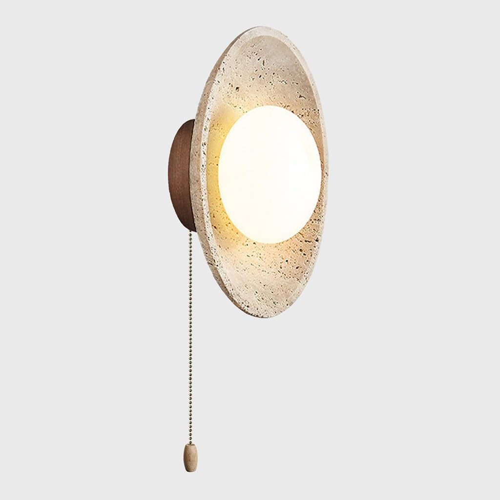 Cosrub Walnut Vintage Travertine Wall Lamp, Cream Round Stone Wall Sconce With Pull Chain Japanese Globe Glass Wall Mounted Light For Beddoom Bedside Living Room(Walnut)