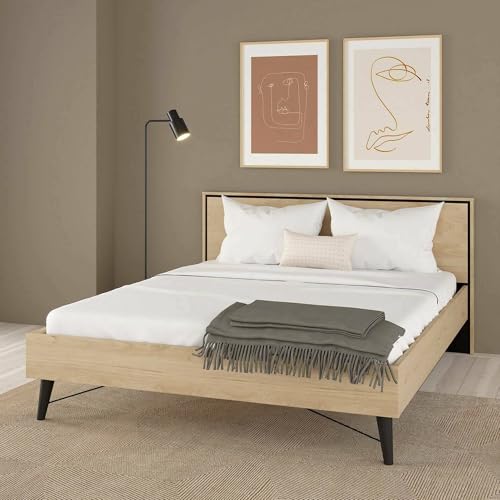 Dmora - Doppelbett Abella, Struktur des Container-Betts, Sommier mit Verkleidung, Matratzenhalterstruktur, 207x173 h91 cm, helle Eiche