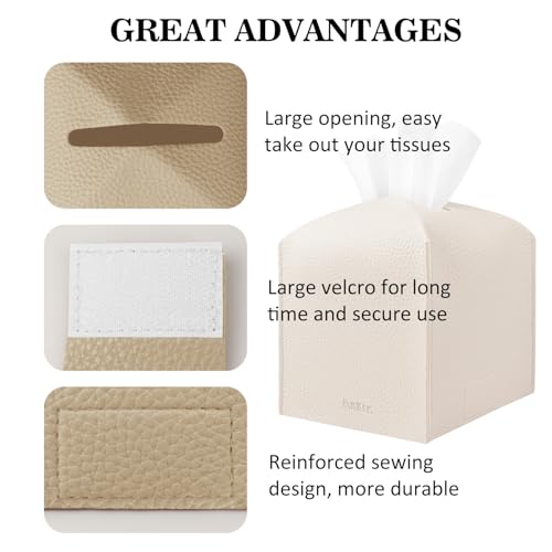 PARIERIS Tissue Box Cover Holder Square Tissue Cube Cover PU Leather Tissue Organizer with Bottom Belt for Bathroom, Tabletop, Car, Night Stands, Office, Home, Kitchen (2, SoftBeige) — view 5